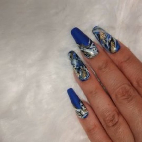 Darksea blue n white/ gold marble press on nails - Picture 2 of 5
